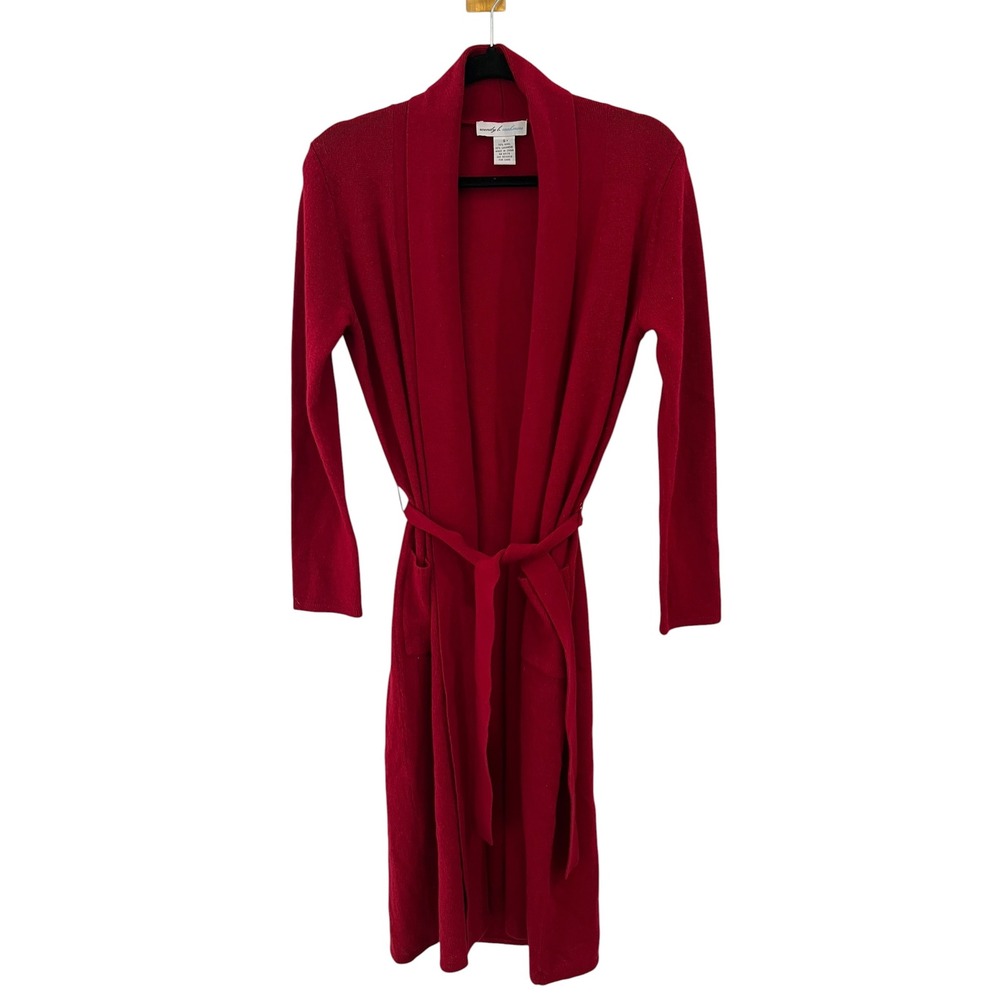 Wendy B Cashmere Wool Cardigan Red Belted Shawl Collar Long Sweater Small